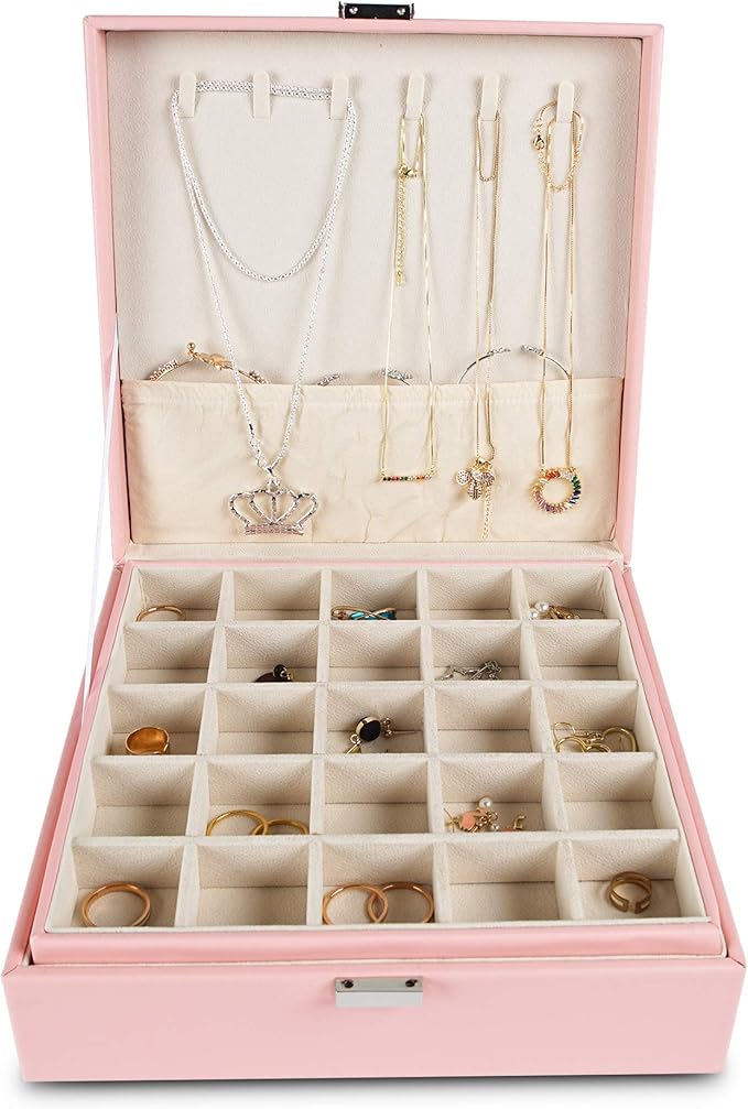 Frebeauty Earring Organizer Classic Jewelry Box 50 Slots Double Layer Jewelry Storage Case with 6 Necklace Hook and Bracelet Pocket(Pink)