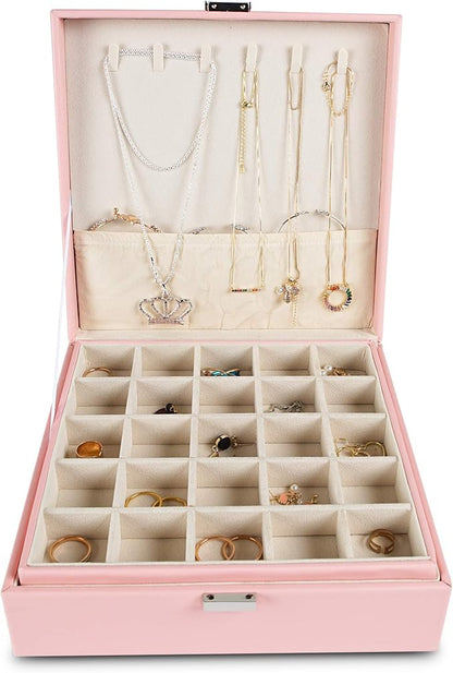 Frebeauty Earring Organizer Classic Jewelry Box 50 Slots Double Layer Jewelry Storage Case with 6 Necklace Hook and Bracelet Pocket(Pink)