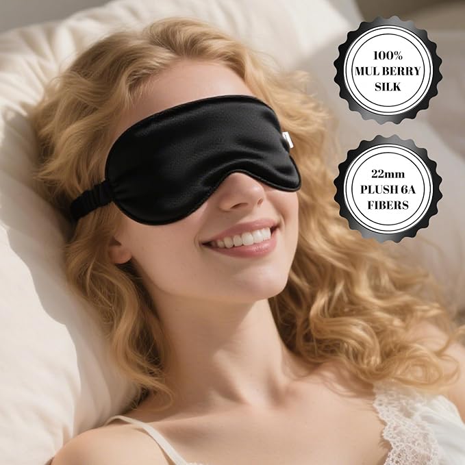 Pure 22 Momme 6A Grade Mulberry Silk Sleep Mask for Side Sleepers - Adjustable, 100% Blackout Eye Mask with Travel Pouch (Black)