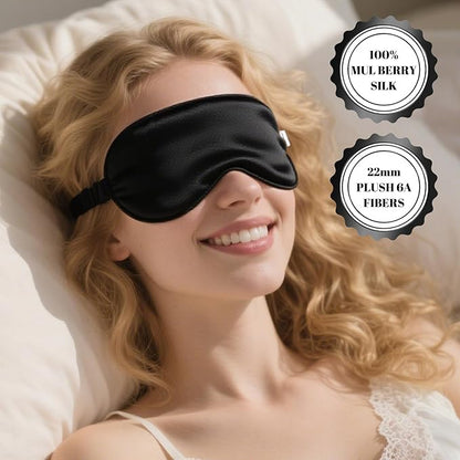 Pure 22 Momme 6A Grade Mulberry Silk Sleep Mask for Side Sleepers - Adjustable, 100% Blackout Eye Mask with Travel Pouch (Black)