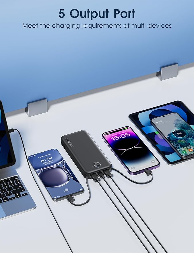 22.5W Super Fast Charging Portable Charger with Wall Plug,12000mAh USB-C Power Bank Built-in 2 Cable, Lightweight Phone Charger Travel Battery Pack for All iPhone, Samsung, Tablets