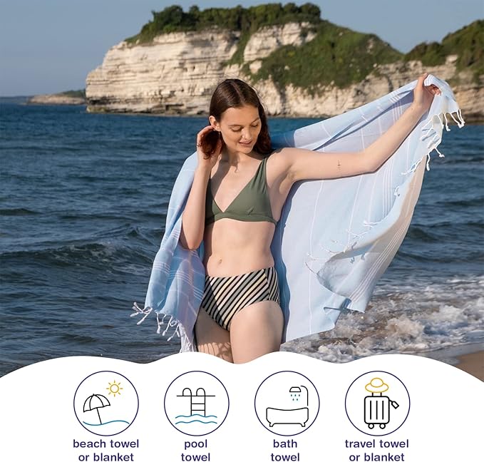Turkish Beach Towels, Pack of 2 | Oversized, Quick Dry, Sand Free | 100% Cotton, Large 38x71 Towels for Beach, Pool, Travel | Ultra-Soft, Compact, and Absorbent | Baby Blue