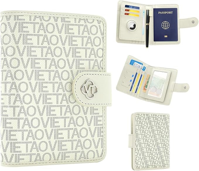 Passport Holder for Travel, RFID Blocking Leather Airtag Wallet for Women Men, Large Passport Cover Essentials Gift, Tickets, Cash, Photo, Sim Card Pen Slot - White