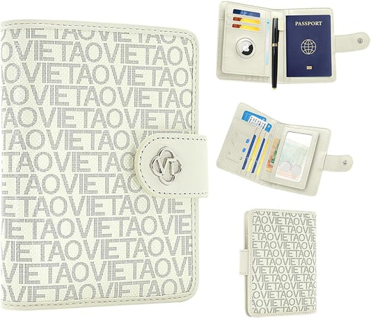 Passport Holder for Travel, RFID Blocking Leather Airtag Wallet for Women Men, Large Passport Cover Essentials Gift, Tickets, Cash, Photo, Sim Card Pen Slot - White