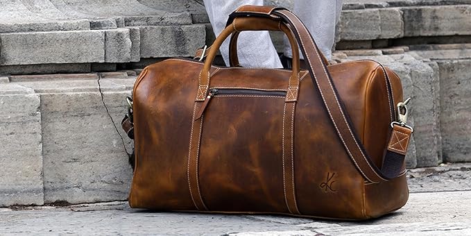 KomalC Duffel Bags for Men and Women Full Grain Leather Travel Overnight Weekend Bags, Sports Gym Duffel (20 Inch)
