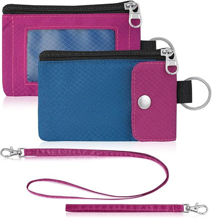 Minimalist Wallet For Mens Womens, Keychain RFID Blocking Zipper Small Wallet with ID Window 2 Lanyards,Water Resistant Travel Cash Card Coin Case Boys Girls