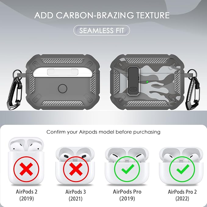 RFUNGUANGO for AirPods Pro 2nd Generation Case Cover with Cleaner Kit, Military Hard Shell Protective Armor with Lock for AirPod Gen 2 Charging Case2023, 2022, Front LED Visible,Grey Camou