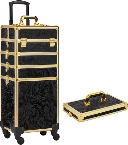 Rolling Makeup Case, Makeup Train Case with Lid, 5 in 1 Cosmetology Case on Wheels, Christmas Gift, Large Makeup Organizers, Profesional Cosmetic Case for Salon Barber, Pattern Black Gold
