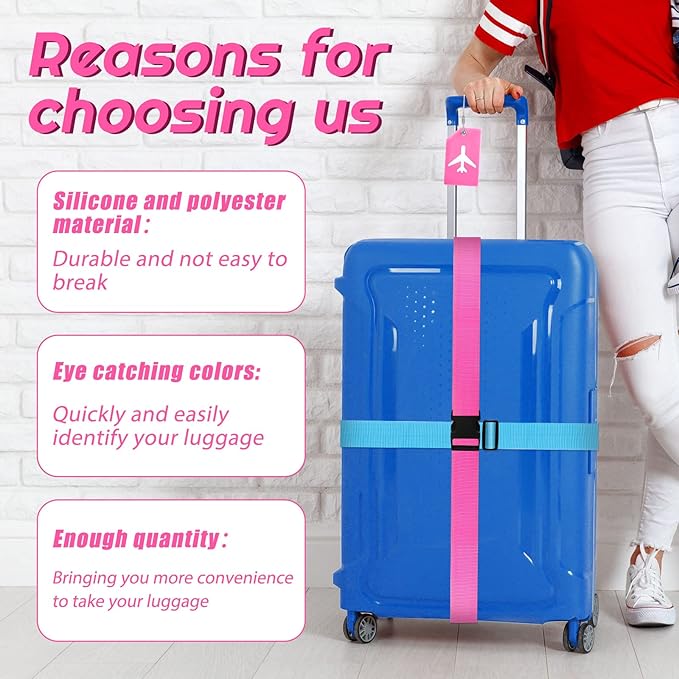 Weewooday 8 Pcs Luggage Straps Suitcase Tags Set for TSA Approved, 4 Travel Adjustable Suitcase Belt, 4 Silicone Luggage Tags with Name ID Card Travel Accessories(Pink, Light Blue,Airplane)