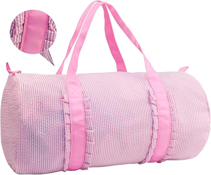 Kids Travel Overnight Bag Seersucker Carry On Lightweight Weekender Duffel Bag for Boys and Girls (Pleated Pink) X-large