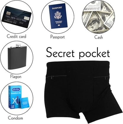 LUEXBOX Pocket Underwear for Men with Secret Hidden Pocket, Travel Boxer Briefs, 2 Packs (Black)