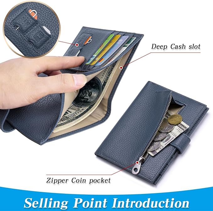 Passport Holder for Travel Women RFID Blocking Genuine Leather Passport Wallet with Card Slots, Zipper Coins Pocket, Cash Holder, Navy Blue