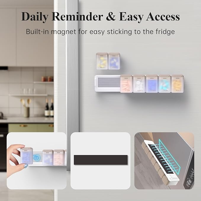 Weekly Pill Organizer Magnetic, Removable Pill Box 7 Day 1 Time a Day, Large Pill Case Travel, Week Once Daily Medication Dispenser, Medicine Container Holder for Supplement Vitamin, Brown