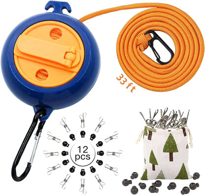 Portable Travel Clothesline Cord, Caudblor Adjustable 33ft Camping Clothes line, Laundry Drying Rope for Hotel Trip, Cruise, Outdoor/Indoor, with 12Pcs Stoppers, Windproof Clothespins