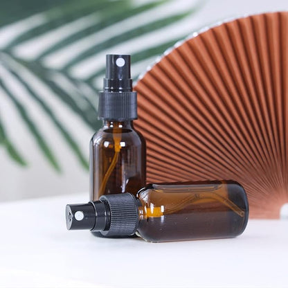 2oz Glass Spray Bottle, Fine Mist Boston Glass Bottles with Black Fine Mist Sprayer Small Clear Bottles for Essential Oils, Bath, Beauty, Hair & Cleaning, Amber, Pack of 48