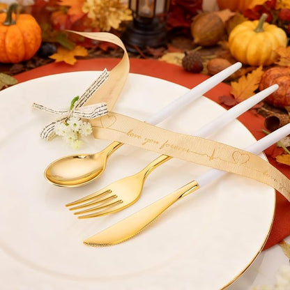 MirthMood 60 PCS Gold Plastic Silverware,Gold Silverware Disposable,Disposable Utensils Heavy Duty,Plastic Cutlery Set,Includes:20 Knives, Forks and Spoons for Party, Birthday,Wedding