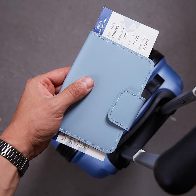 Travel Passport Wallet - Leather Passport Cover Compatible with Airtag Passports Cover with Card Slots & Note Compartment, Magnetic Closure, Genuine Leather, Classic Light Blue