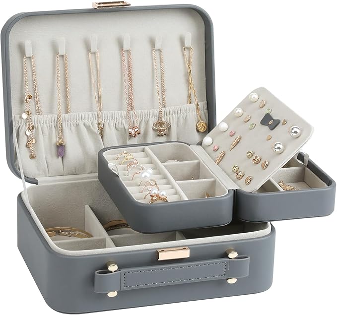 Travel Jewelry Case Large, Jewelry Box Large Jewelry Travel Organizer Jewelry Case with Handle, Best Gift for women Girls, Grey
