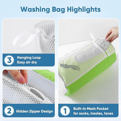 Shoe Washing Bag 2Pack - Reusable Shoe Laundry Bag with Mesh Socks Washer Machine Bag - 360°Deep Protective Cleaning Bags for Sneakers Delicate Footwear - Home Dorm Travel Essentials, Green