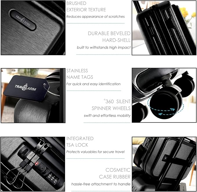 20 Inch Carry On Luggage 22x14x9 Airline Approved, Carry On Suitcase with Wheels, Hard-shell Carry-on Luggage, Durable Luggage Carry-On, Black Small Suitcase with Cosmetic Case