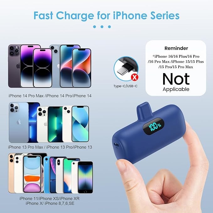 Mini Portable Charger for iPhone,Upgraded 5000mAh PD Fast Charging Battery Pack,LCD Display Cute Power Bank Portable Phone Charger for iPhone 14/14 Pro Max/13/13 Pro/12 Pro/11/XS/XR/X/8/7/6-Deep Blue