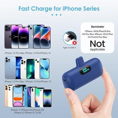 Mini Portable Charger for iPhone,Upgraded 5000mAh PD Fast Charging Battery Pack,LCD Display Cute Power Bank Portable Phone Charger for iPhone 14/14 Pro Max/13/13 Pro/12 Pro/11/XS/XR/X/8/7/6-Deep Blue