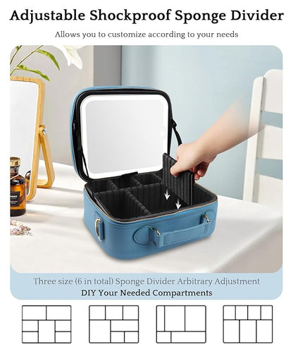 MOMIRA Travel Makeup Bag Cosmetic Bag with Lighted Mirror, Adjustable Brightness in 3 Color Scenarios/Detachable makeup mirror, All-round Upgrade, Waterproof, Gift for Women -Azure Blue