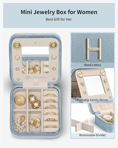 Vlando Jewelry Case for Girls Womens Fashion, Pink Jewelry Box Travel Must Haves, Jewelry Box for Girls, Small Travel Jewelry Case Birthday Gifts for Travel Gifts for Women - Letter H, Blue