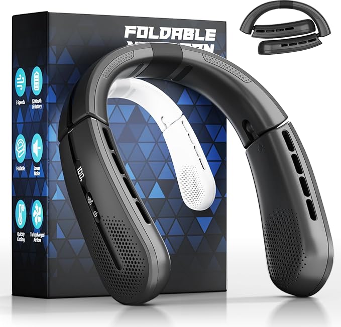 ChillGo Portable Neck Fan - 8400 RPM Enlarged Turbo Airflow - 5200mAh Personal Rechargeable Cooling Wearable Fan - Max 16H, 4 Speeds, Foldable, LED Display - Great Gifts for Men Women - 2nd Gen Black