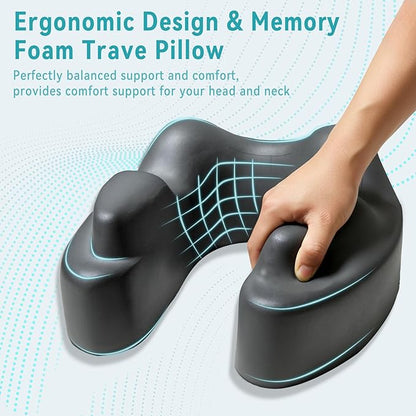 Travel Pillow with Hood, Memory Foam Airplane Neck Pillow for Long Flight, Soft, Comfort Portable Travel Neck Pillow for Flight, Drive, Work, Rest, with Storage Bag