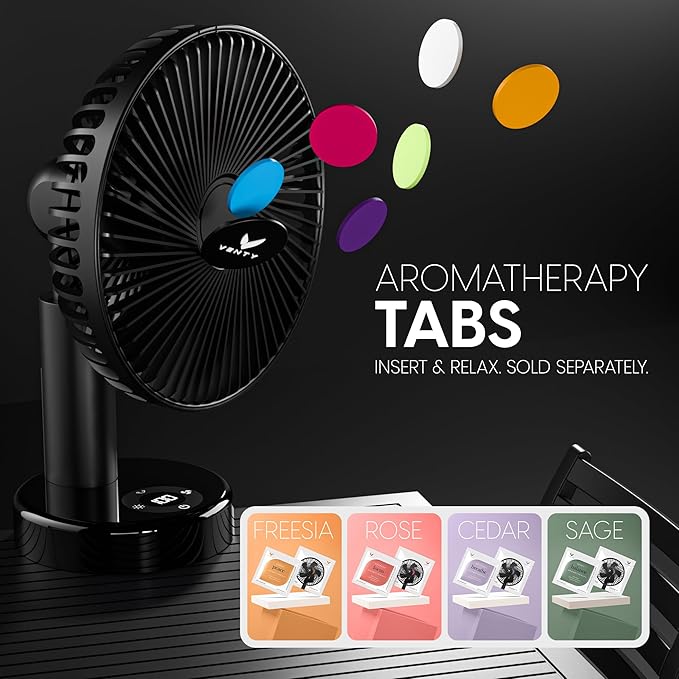 VENTY Portable Clip Fan - Rechargeable 10-Hour Battery Portable Fan - 360° Rotation & 90° Tilt - Stroller, Desk or Bedside - Aromatherapy & LED Light - USB-C Rechargeable Clip On