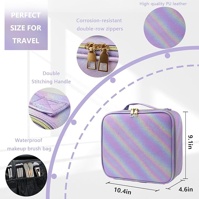 Travel Makeup Train Case Cosmetic Case Organizer Portable Artist Storage Bag with Adjustable Dividers for Cosmetics Makeup Brushes Toiletry Jewelry Digital Accessories (Purple)