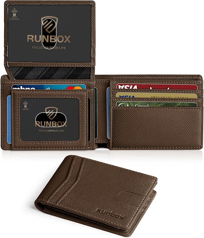 RUNBOX Wallet for Men Slim Rfid Leather 2 ID Window With Gift Box
