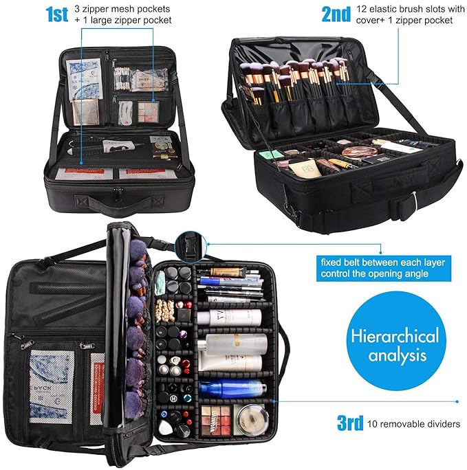 MONSTINA Large Capacity Makeup Case 3 Layers Cosmetic Organizer Brush Bag Barber Train Case Makeup Artist Box for Hair Curler Hair Straightener Brush Set and Cosmetics