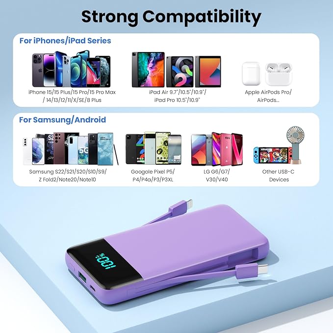 Portable Charger for iPhone with Built in Cables and Wall Plug,Upgraded 13800mAh Fast Charging USB C Power Bank,4 Outputs Travel Essential Battery Pack Compatible with iPhone 15/14/13,Samsung-Purple