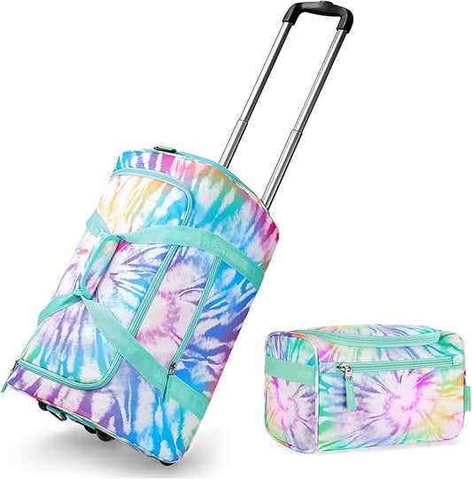 Choco Mocha Girls Tie Dye Suitcase with Wheels Kids with a Kids Toiletry Bag Colorful Rolling Duffle Bag for Camping Teen Girls Toddler Luggage Bag for Travel, 22inch