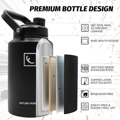 NATURE PIONEOR One Gallon Water Bottle Insulated - Large Double Vacuum Stainless Steel 128 oz Water Bottle with Holder/Carrier, 1 Gallon Water Jug,128oz, Wide Mouth
