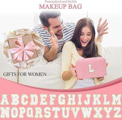 Personalized Initial Makeup Bag Trendy Stuff Corduroy Cosmetic Bag Travel Toiletry Bag for Women, Christmas/Thanksgiving/Halloween Gifts Makeup Organizer Case for Teen Girls Mom Girlfriend Wife - Pink