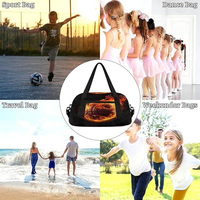Kids Duffel Bag for Boys Girls Teens, Fire Basketball Waterproof Gym Sports Duffle Bags Dance Travel Overnight Weekender Bag for School Practice