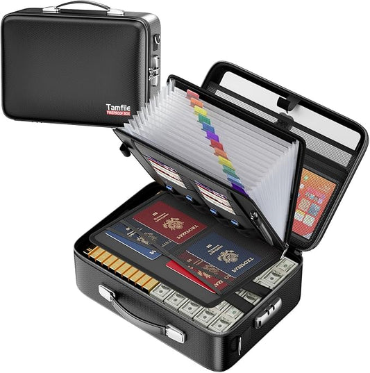 Tamfile Fireproof Document Box, Hard-Shell Case 5200°F Fireproof Water Safe File Box with Lock, 8-Layer Fireproof Safe File Organizer for Important Documents, Valuables, Laptop, Passports (Black)