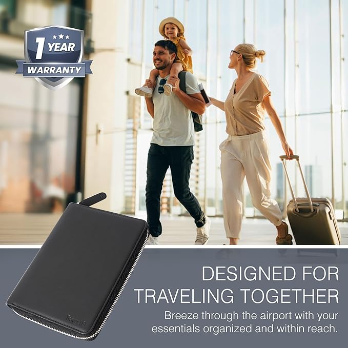 Full Grain Leather Family Passport Holder for 4 Passports - RFID Passport Holder and Travel Document Organizer - Large Leather Travel Wallet for Families - Black