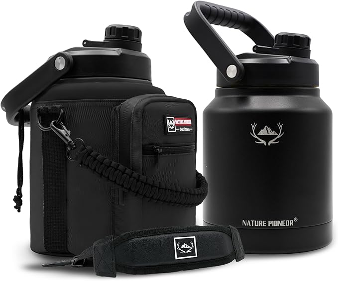 NATURE PIONEOR One Gallon Water Bottle Insulated - Large Double Vacuum Stainless Steel 84 oz Water Bottle with Holder/Carrier, 84oz Water Jug,Wide Mouth