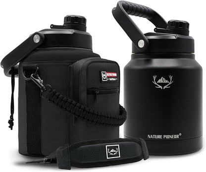 NATURE PIONEOR One Gallon Water Bottle Insulated - Large Double Vacuum Stainless Steel 84 oz Water Bottle with Holder/Carrier, 84oz Water Jug,Wide Mouth