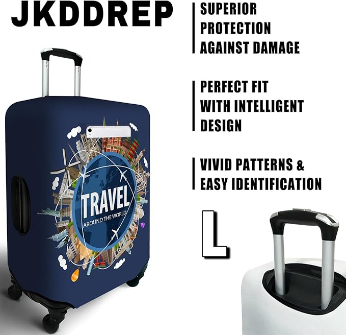 Travel around the world Travel Luggage Cover, Travel-Themed Suitcase Protector Stretchable, Washable Travel Suitcase Cover (L for 25-28 Inch Luggage)