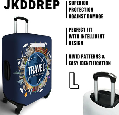 Travel around the world Travel Luggage Cover, Travel-Themed Suitcase Protector Stretchable, Washable Travel Suitcase Cover (L for 25-28 Inch Luggage)