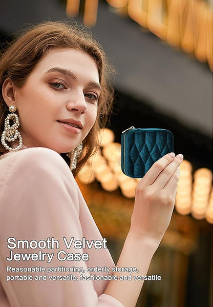 Travel Jewelry Case – Navy Blue Velvet Organizer Adjustable Compartments for Necklaces, Rings | Portable Luxury Travel Jewelry Box for Women, Gift-Worthy Design