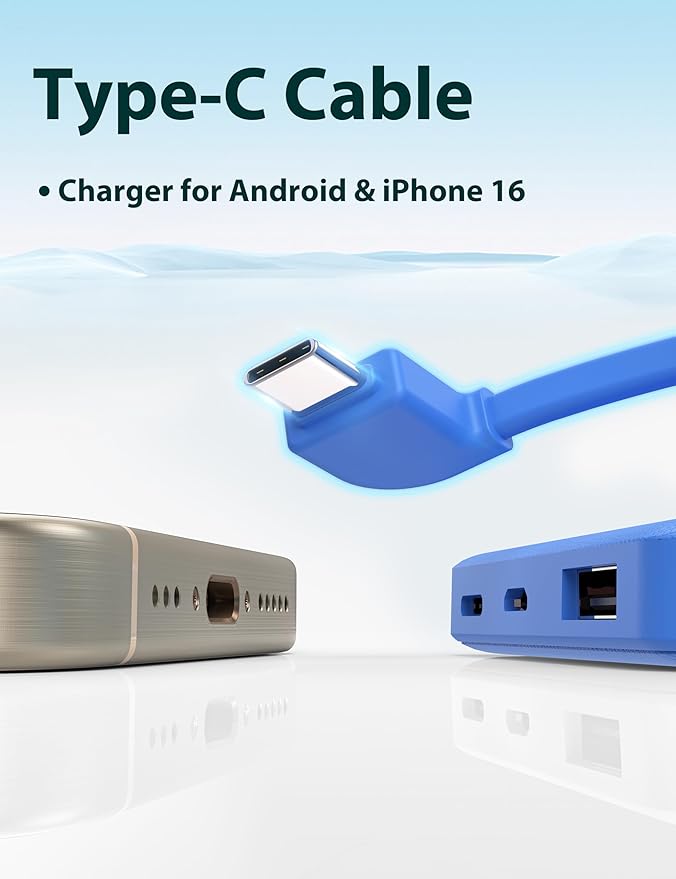 miisso 6000mah Ultra Slim Built in Cables Power Bank, Card Size Built in USB C Cords Battery Pack Portable Charger for Phones, 3 Output External Battery Pack Compatible with iPhone, Deep Blue