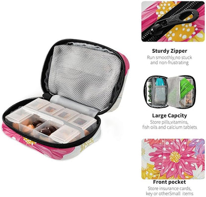 Pill Organizer Box Case Weekly Travel Pill Container Holder 7Day Cute Vitamin Organizer Dispenser Sorter Planner Storage Small Compact Cute Chrysanthemum Flowers14