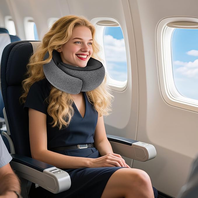 Travel Pillow for Airplane, Neck Pillow 100% Memory Foam with Comfortable Support for Long Flights, Cars, Trains Office & Home with Storage Box(Grey)