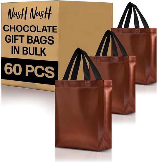Nush Nush Chocolate Gift Bags Medium Size - Set of 60 Reusable Shiny Brown Gift Bags Handles - Stylish Party Favors Bags In Bulk For Small Business Use In Gifting Events, Birthdays - 8Wx4Dx10H Size